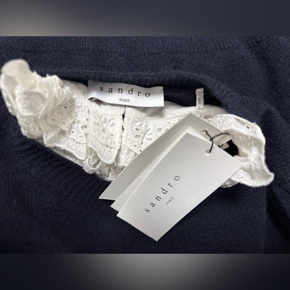 Sandro Stevy Sweater Contrast Ruffle Collar Eyelet Wool Blend Blue Womens Medium - Picture 13 of 13